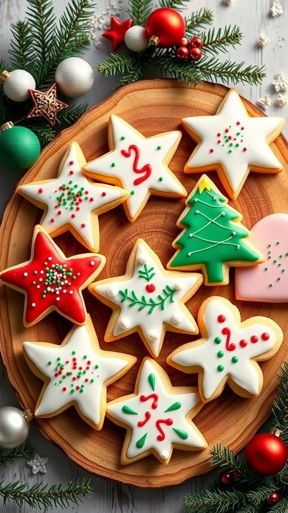 Decorated Christmas sugar cookies in festive shapes on a wooden platter with holiday decorations.